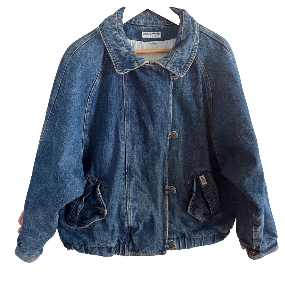 Guess Georges Marciano Vintage 1980s Unisex Denim Bomber Jacket XL Marty McFly - Picture 2 of 16